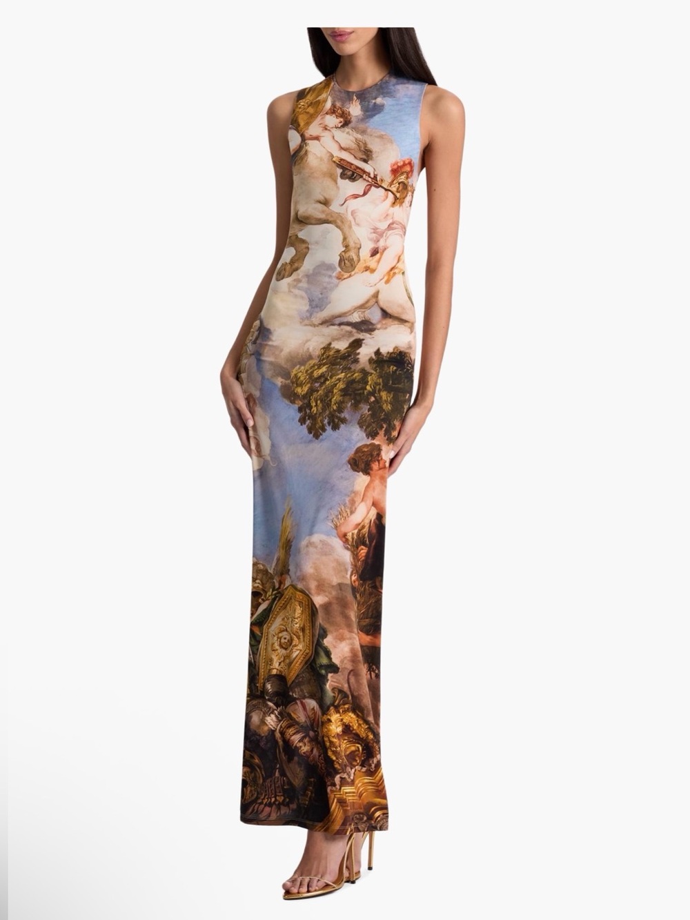 Alice + Olivia Sleeveless Classical Art Maxi Dress in Blue and Gold